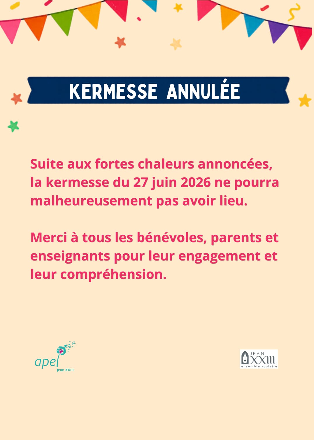 🌞⚠️ Annulation de la kermesse 2026